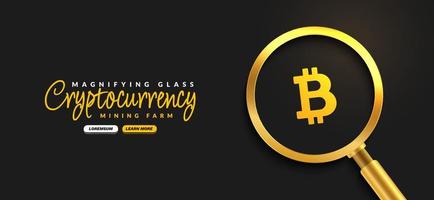 bitcoin kryptovaluta med gyllene förstoringsglasbakgrund, digitalt pengautbyte av blockchain-teknologibanner, kryptovaluta finansiellt koncept vektor