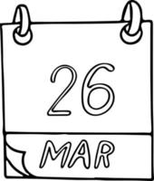 kalender hand dras i doodle stil. 26 mars. lila dag, datum. ikon, klistermärke element för design vektor