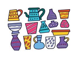 samling av lera keramik vas doodle färg illustration vektor