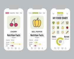 kaloriräknare och matdagbok mobilapp gränssnitt unik design vektor mallar set. materialdesign av användargränssnitt. smartphone kaloriräknare ansökan livsmedelskontroll.
