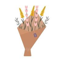 enkel handritad platt botanisk illustration i trendiga färger. elegant vårbukett. floristisk sammansättning för gratulationskort, 8 mars dekoration, påsk, bröllopspresenter och inbjudan. vektor