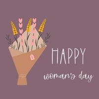 Druckfertige Grußkarten- oder Postkartenvorlagen mit einem Blumenstrauß und einem Wunsch für einen glücklichen Frauentag. 8 der Märzkarte. einfache minimalistische illustration. vektor
