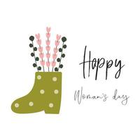 Gummistiefel mit einem Blumenstrauß. minimalistische karte im trendigen flachen stil. glückliche frauentageskarte mit blumen im blumenstrauß. süße Frühlingsblumen. illustration für floristische karten, geschenkanhänger. vektor