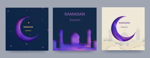 ramadan kareem uppsättning affischer eller inbjudningar med 3d pappersklippta islamiska lyktor, stjärnor och måne på blå och ljus bakgrund. vektor illustration.