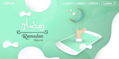 Mall för Ramadan Kareem med grön och guldfärg. 3D Vektor illustration design i pappersskärning och hantverk för islamiskt hälsningskort, inbjudan, bokomslag, broschyr, webb banner, annons.