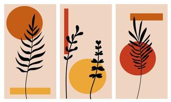Vektorbilder von botanischen Postern festlegen. Zeichnung der Blattlinie im Boho-Stil in Erdtönen mit abstrakter Form. minimalistisches Blumendesign für Druck, Cover, Tapete, Banner, Büro vektor