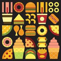 platt minimalistisk geometrisk snabbmatssymbol konstverk affisch med färgglada enkla former. abstrakt vektormönsterdesign av skräpmat och dryck. hamburgare, pizza, smörgåsar, munkar, kaffe och glass. vektor