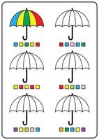 Malvorlagen, Lernspiele für Kinder, Vorschulaktivitäten, Arbeitsblätter zum Ausdrucken. einfache Cartoon-Vektor-Illustration von bunten Objekten, um Farben zu lernen. Regenschirm färben. vektor