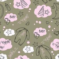 hand gezeichnetes nahtloses muster von babyduschenelementen, zweig, milchflasche, spielzeug, sterne, monat, wolken. Doodle-Sketch-Stil. Babyelement-Vektorillustration für Tapete, Hintergrund, Textildesign vektor