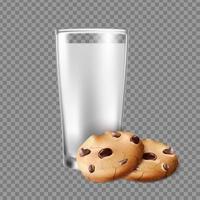 3D realistisches Vektorsymbol. Glas Milch mit Schokoladenbutterplätzchen. vektor