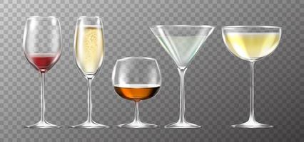 3D realistisches Vektorsymbol. große sammlung voller gläser, wein, champagner, martini, margarita.