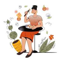 Zeichentrickfigur der jungen Frau, die Teigwaren oder Nudeln isst, Vektorillustration lokalisiert auf weißem Hintergrund. italienisches essen und küchenkonzept. Menschen, die auswärts oder zu Hause essen. vektor