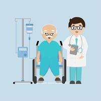 Doktoren im Krankenhauskorridor mit älterem weiblichem Patienten im Rollstuhl. vektor