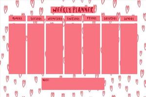 Wochenplaner mit rosa Herzen im Doodle-Cartoon-Stil. vektorillustration für stationäre kinder, zeitplan, liste, schulplan, außerschulische aktivitäten vektor