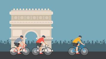 Drei Radfahrer mit dem Arc de Triomphe-Denkmal im Hintergrund. vektorillustration mit kopierraumbereich