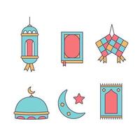 Ramadhan-Icon-Set mit Laternenlampe, Al-Quran-Buch, Ketupat, Moschee, Gebetsmatte und Halbmond vektor