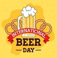 internationaler biertag, august, mit becherglas biergetränk und brezel vektor