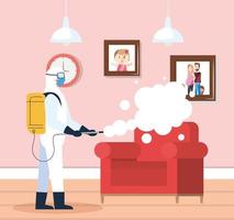 hemdesinfektion av kommersiell desinfektionstjänst, desinfektionsarbetare med skyddsdräkt och spray förhindrar covid 19 i vardagsrumshuset vektor