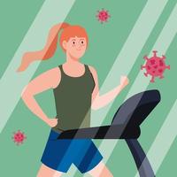 sport, kvinna som springer på löpband, med partiklar coronavirus covid 19 vektor