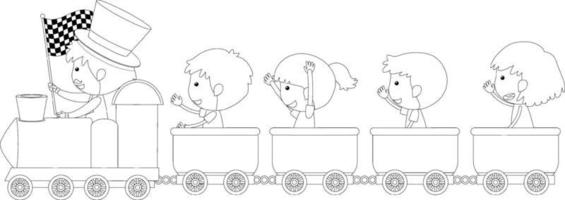 barn på tåget svart och vit doodle karaktär vektor