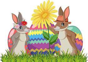 glad påsk design med kaniner och blomma vektor