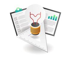 platt isometrisk konceptillustration. idélampa med dataanalytiker och linjal vektor