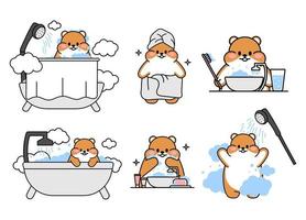 satz niedlich gezeichneter hamster. kawaii hamster wäscht und putzt sich die zähne, wäscht sich in der badewanne unter der dusche. sammlung von avataren maskottchen lustigen charakter tieraufklebern. Vektorvorratillustration. vektor