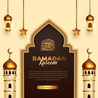 elegante luxuriöse goldene laternentürmoschee für islamische ereignis-social-media-vorlage mit arabischer ramadan kareem-kalligrafie vektor