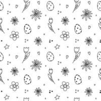 süßes ostern nahtloses muster. festliche ostereier und frühlingsblumen. handgezeichnete Vektorgrafik im Doodle-Stil. Perfekt für Geschenkpapier, Verpackungen, Drucke, Dekoration. vektor