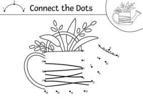 vektor ostern punkt-zu-punkt und farbaktivität mit niedlicher gießkanne mit pflanzen. frühlingsferien verbinden das punktspiel für kinder mit traditionellem symbol. lustige entzückende malseite für kinder.