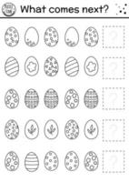 vad kommer härnäst. påsk svartvit matchande aktivitet för förskolebarn med ägg. rolig semester pussel. skissera logiskt arbetsblad. fortsätt raden. enkelt vårspel för barn vektor