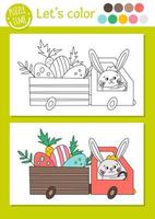 Ostern Malvorlagen für Kinder. lustiger Hase, der ein Auto mit Eiern und Karotten fährt. vektorfeiertagsentwurfsillustration mit nettem tier. entzückendes Frühlingsfarbbuch für Kinder vektor