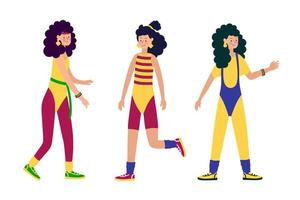 glada unga karaktärer tjejer i moderiktiga kläder leggings och baddräkter och frisyrer från 80-90-talets eleganta retro damfest. vektor illustration av tecknade människor