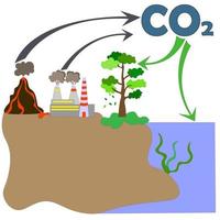 Kohlenstoffreduktion; "Kohlendioxid Reduktion. Vektor. Kohlenstoff-Klimakreislauf. Schema der Emission und Absorption von Kohlenstoff und Treibhausgasen durch Bäume und Auflösung in Wasser. Photosynthese und vulkanische oder Fabrikemissionen vektor