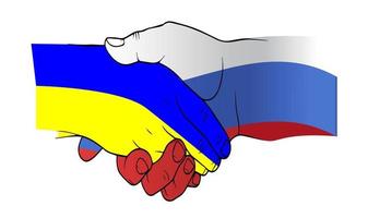 Händedruck, Hoffnung auf Frieden zwischen der Ukraine und Russland. Hintergrund der russischen und ukrainischen Flaggen. farbige Vektorillustration. vektor
