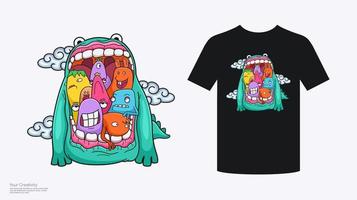 T-Shirt-Design niedliche Monster-Cartoon-Figur vektor