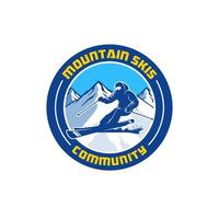märkes logotyp för bergsskidsamhället med snö och skidåkare vektor