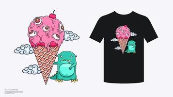 lustiges Monster-Shirt-Design mit riesiger Eiscreme vektor