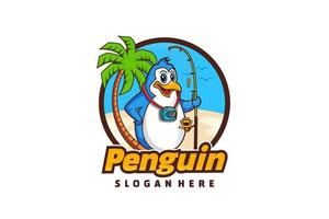 tecknad pingvin logotyp med ett strand fiske tema vektor