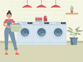 glückliche Frau, die Wäsche wäscht. frau, die backet mit sauberer kleidung hält. Hausarbeit, Wäscheservice. Wäsche waschen. vektor