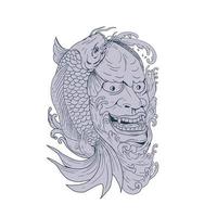 Hannya-Maske und Koi-Fischzeichnung vektor