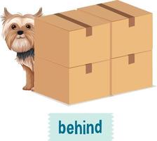 preposition ordkort design med hund bakom lådor vektor
