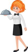eine junge Kellnerin serviert Essen weißen Hintergrund vektor