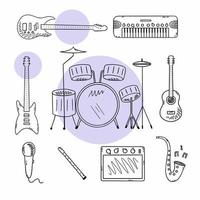 Musikinstrument. Vektor-Set von Doodle-Illustrationen. Gitarre, Schlagzeug, Synthesizer. vektor