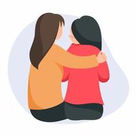 kvinna tröstar sin vän. flickan har täckt sitt ansikte med händerna och gråter. stöd under depression och stress. sympati. vektor