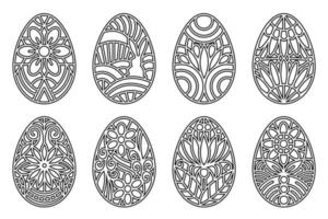 ostereier dekorative gestaltungselemente. schwarze dünne Linie Kunstumriss verzierte Eier isoliert auf weißem Hintergrund. Osterei-Design mit floralen Elementen verziert. vektor-ostern-illustrationssatz.