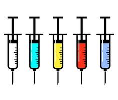 Vektorspritzenset mit Nadeln, die mit bunten Flüssigkeiten gefüllt sind. bunter Satz des Impfstoffs lokalisiert auf weißem Hintergrund. vektor