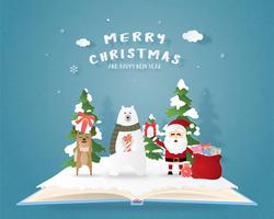 God jul och gott nytt år hälsningskort i pappersskuren stil. Vektor illustration Julfest bakgrund med jultomte och ren. Banner, flyer, affisch, tapet, mall.