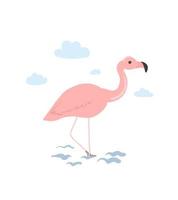 rosa flamingo på en vit bakgrund. handritad flamingo med moln. barns illustration vektor