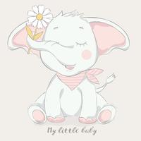 niedlicher Babyelefant mit Blumen-Cartoonart vektor